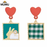 new asymmetric green plaid bunny earrings sweet and lovely heart shaped earrings female rabbit fashion party accessories