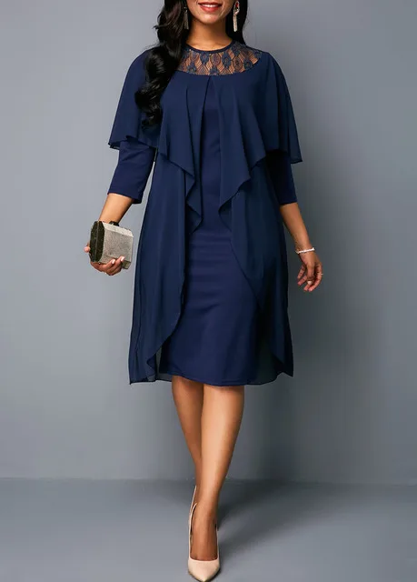 

Dress Women Elegant Lace Chiffon Mother of Bride Dresses Ruffle Midi Knee Length Three Quarter Sleeves Plus Size 4XL 5XL