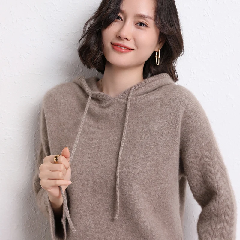 

MeetMetro 100% Cashmere Women Sweater Hoodie Fashion Sweater Hooded Pullover Women Knitted Sweater Oversized Wool Sweatshirt