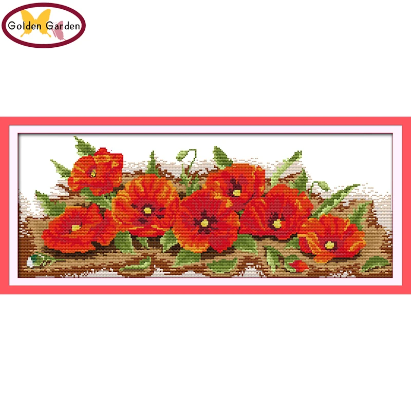 

GG Seven Poppy Flower Pattern Counted Cross Stitch 11CT14CT DIY Joy Sunday Cross Stitch Embroidery Needlework Kit for Home Decor