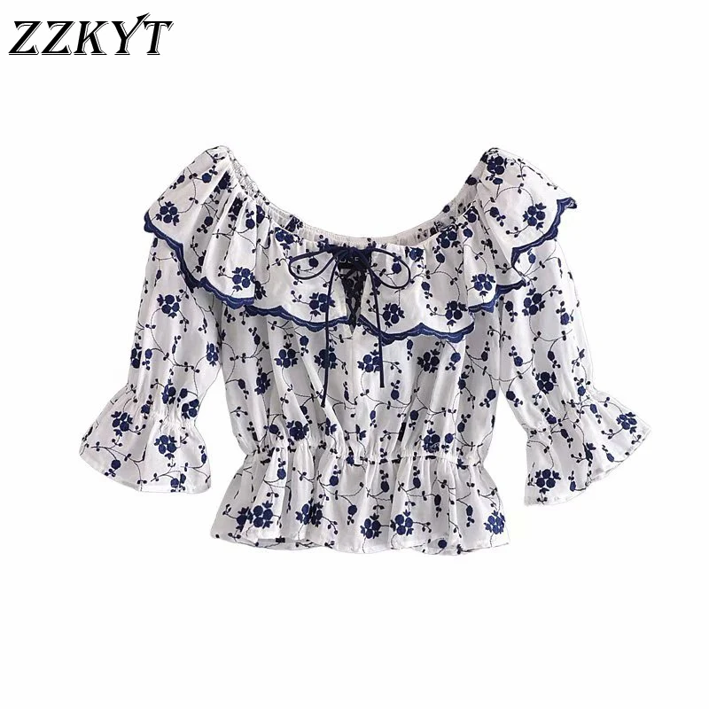 

ZZKYT 2021 Women Summer Fashion Embroidery Ruffled Cropped Blouses Vintage Short Sleeve Bow Tie Female Shirts Blusas Casual Tops