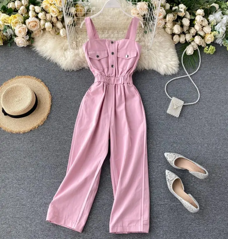 

Women's spring summer sleeveless strapless slim jumpsuit female high waist wide leg candy color pants overall TB166
