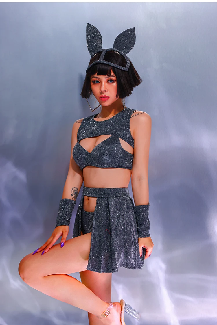 

Glitter Silver Gray Bikini Shirts Dance Outfit Sexy Women DJ Singer Dancer Team Jazz Stage Wear Nightclub Party Show Costume