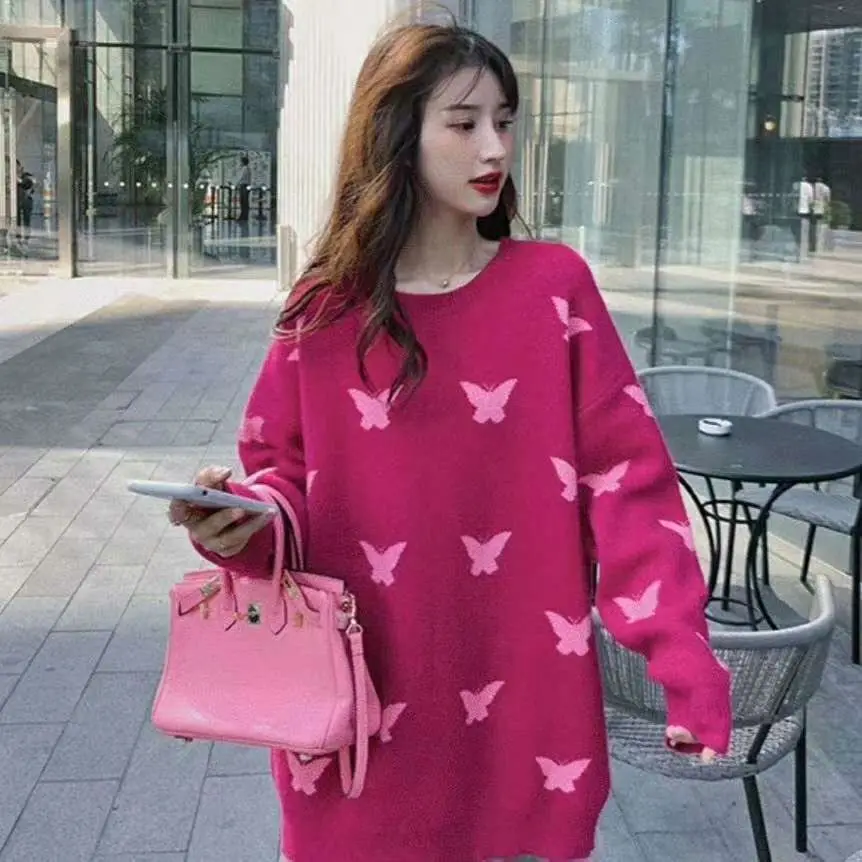 

Butterfly Print Pullover Women's Loose Knitted Top Woman Sweaters Femme Chandails Pull Hiver