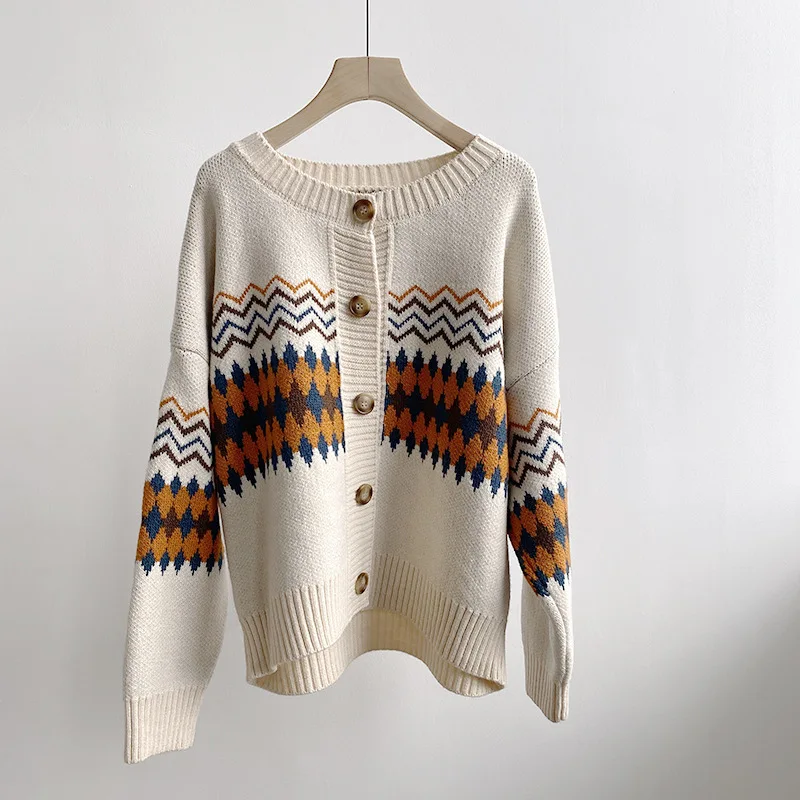 

New Round Neck Jacquard Knitted Cardigan Women's Korean Loose Single Breasted Long Sleeve Coat