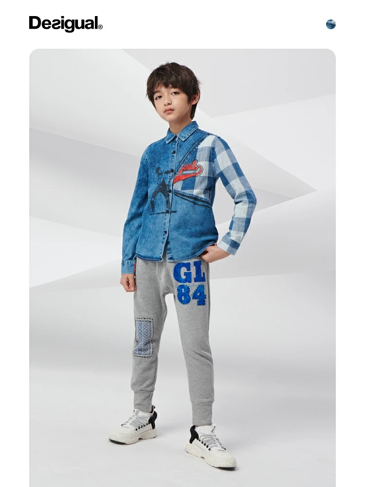 

Foreign trade desigual spring and autumn models splicing lapel long-sleeved denim cotton shirt for boys