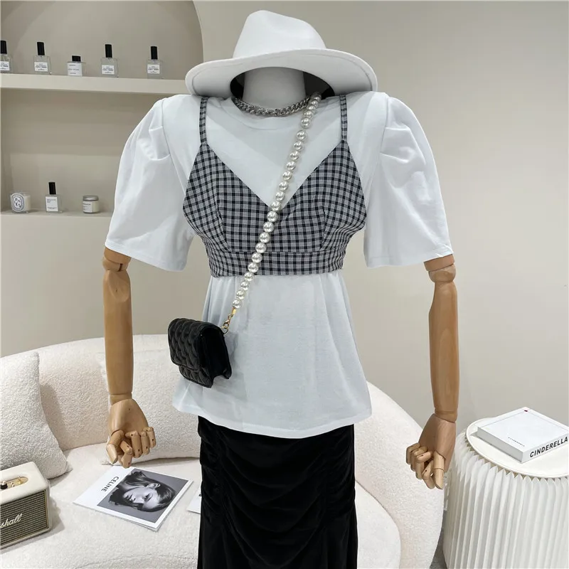 

Women's Spring Summer 2021 Niche Design Fashion Medium Length Solid Short Sleeve T-shirt + Plaid Suspender Vest