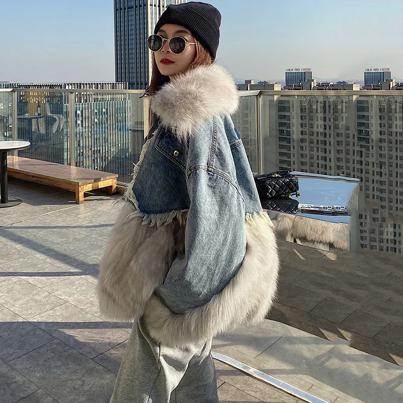 

SHZQ Denim Jacket Winter Women Parkas Coats with Real Fur Fox Collar Luxury Fashion Female Natural Fox Fur Jackets Warm Thick