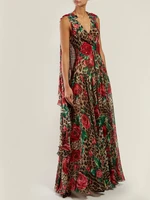 sexy leopard v neck 2021 summer runways floral print sleeveless dress a042
