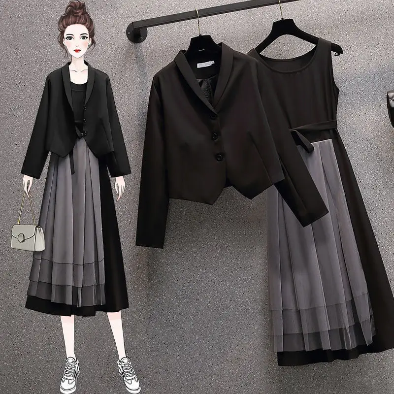 

Plus Size Women's Dress Suits 2022 Spring Summer Thin Korean Blazers Jacket + Strap Dress Two Piece Set Fashion Outfit J262