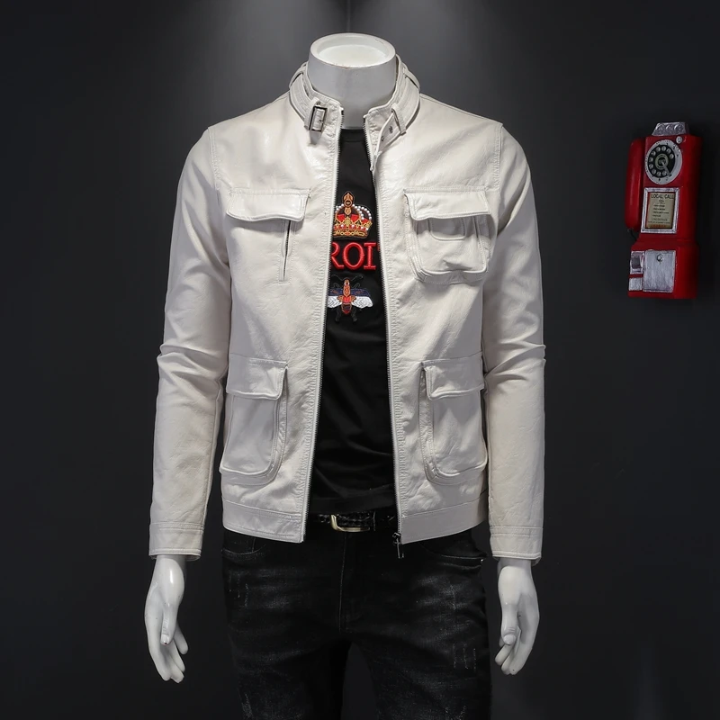 Мужская кожаная куртка винтажная повседневная из искусственной кожи с карманами