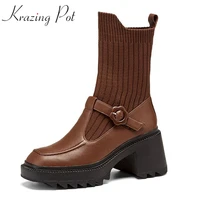 krazing pot cow leather metal buckle western boots square toe winter thick high heels 2021 art design knitting mid calf boots