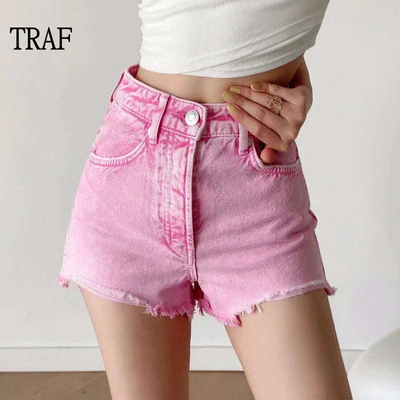

TRAF Women Shorts 2021 Summer Pink High-Waisted Short Jeans Woman Casual Shorts Korean Style Chic Pocket Mini Short Jeans