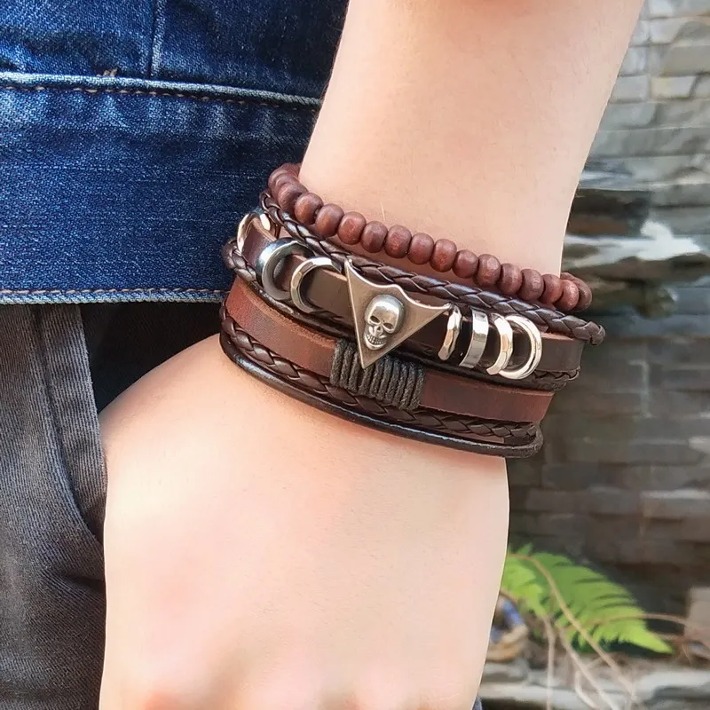 Leather Bracelets for Men Brown Bracelet Vintage Multilayer Handmade Rope Wrap Male Gift Jewlery | Украшения и аксессуары