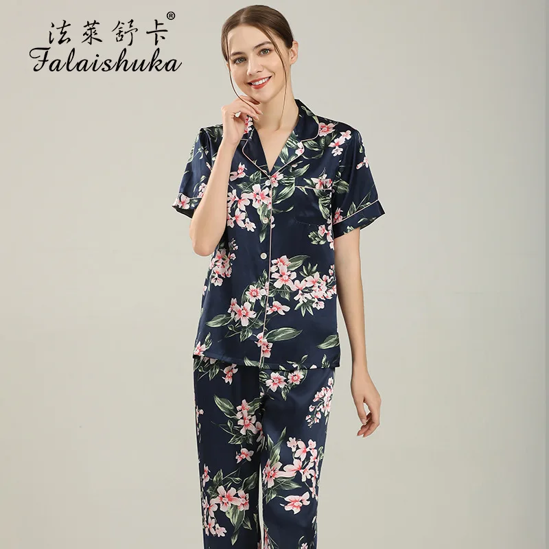 19 momme 100% silk pajama sets women short sleeve trousers noble Flowers indoorwear pyjamas women pijamas mujer T8275
