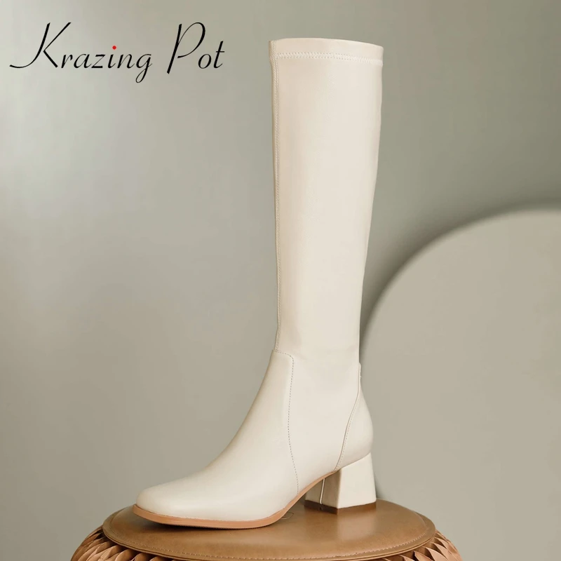 

Krazing Pot cow leather square toe stretch boots high street fashion young lady daily wear zip winter basic knee-high boots L91