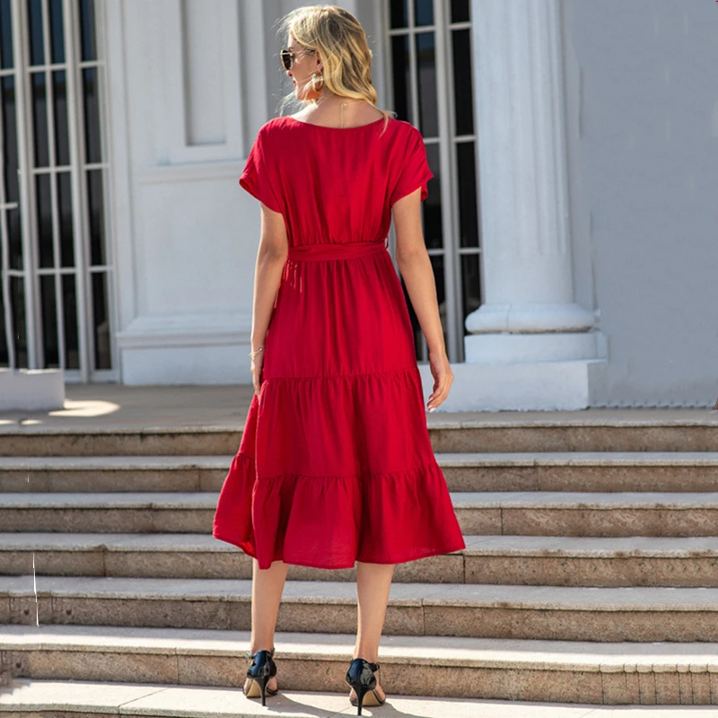 

BornToGirl Summer Pure Midi Dress Women Short Sleeve Round Neck Khaki Green Red Long Dress robe femme ete 2021