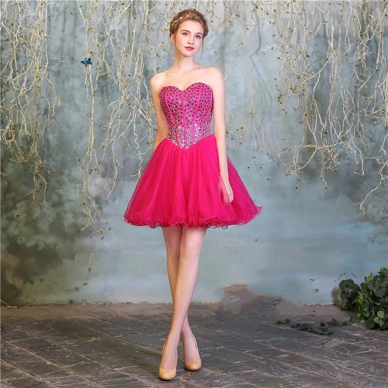 

Strapless Sequined and Beaded Homecoming Dresses Ruched Tulle Mini Formal Party Gowns Sleeveless Rose Pink Robe De Soiree
