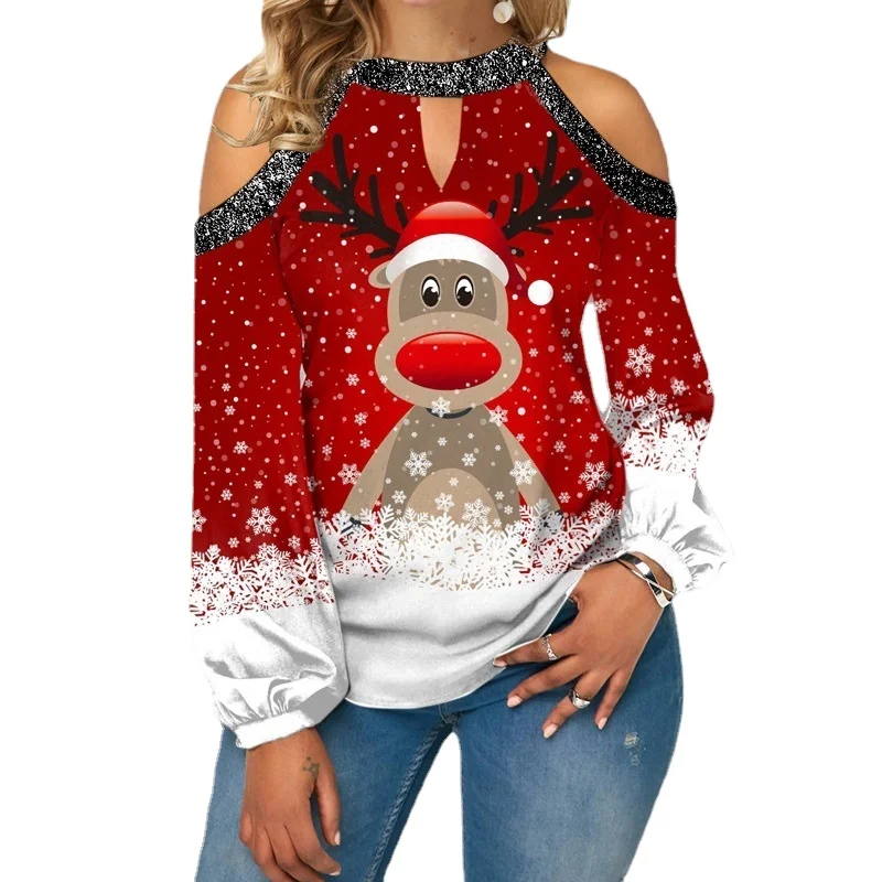 

Christmas Clothes Women's XMAS Deer Printed Strapless Long Sleeve Top Soft Comfortable Thin Bottoming Shirt