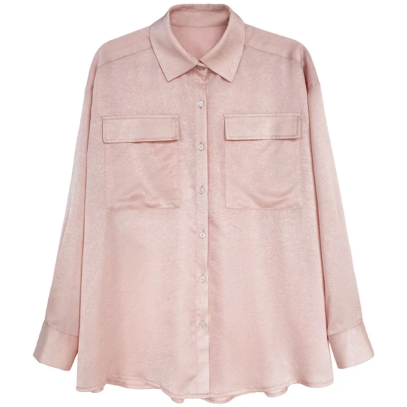 

HXJJP New Autumn Women Fashion Long Sleeves Satin Blouse Vintage Femme Oversized Street Shirts Elegant Imitation Silk Blouse