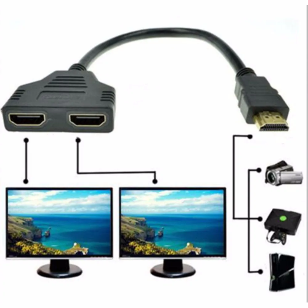 

1 шт. 1 в 2 выхода HDMI 2 двойной порт Y-разветвитель 1080P HDMI v1.4 переходник с вилки на двойные розетки кабель преобразователь соединительный кабель...