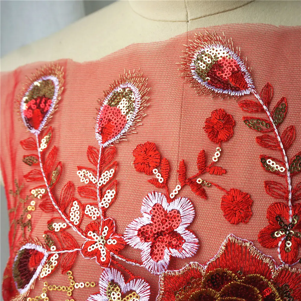 Красные золотые блестки перо цветок вышитая аппликация кружевной тканевый