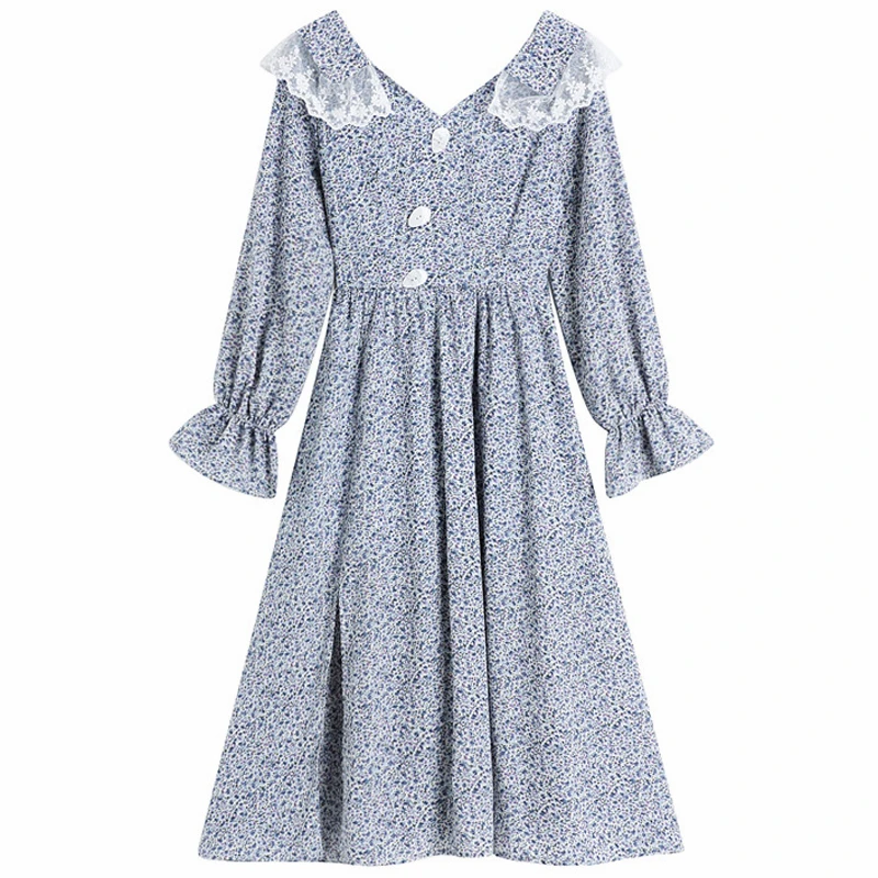 

LFL Casual Flare Sleeve Single-breasted Female Floral Dress Side Split Vestidos Lace Patchwork V-neck Women A-line Dress