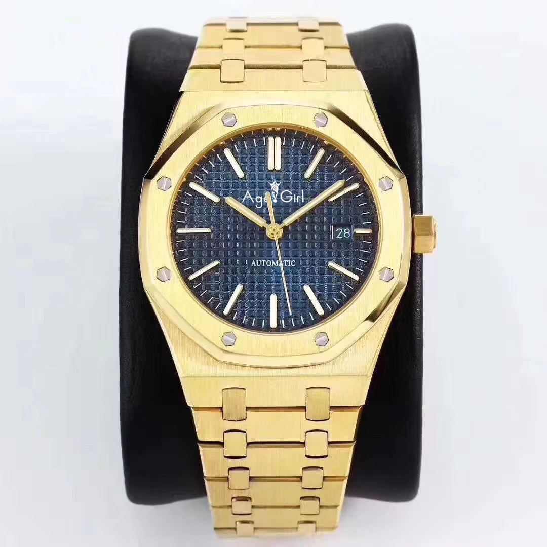 Gold Blue Роскошные брендовые новые мужские часы из нержавеющей стали, автоматические механические желтые золотые синие Черные сапфировые королевские часы с прозрачной задней частью, AAA - Цвет: Gold Blue