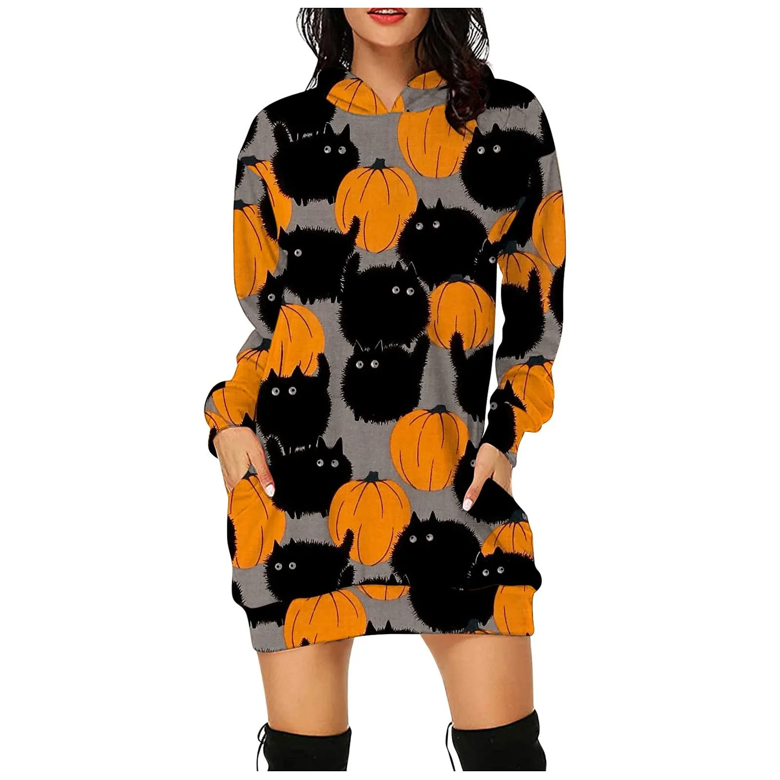 

Женское Платье на Хэллоуин, Платье с капюшоном с принтом тыквенного лица, повседневный свитшот, пуловер, топы, одежда для Хэллоуина, летняя о...