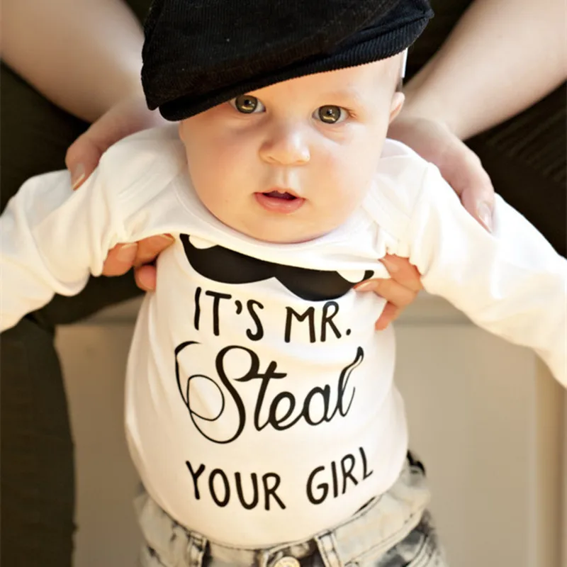 

Fashion Newborn Clothes White Baby Romper Children Clothes Short Sleeve Moustache Letters Printed Children Girl Boy Romper 0-24M