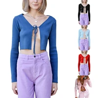 women solid color knitted crop tops autumn spring tied front v neck long sleeve t shirt casual lady bottoming shirts
