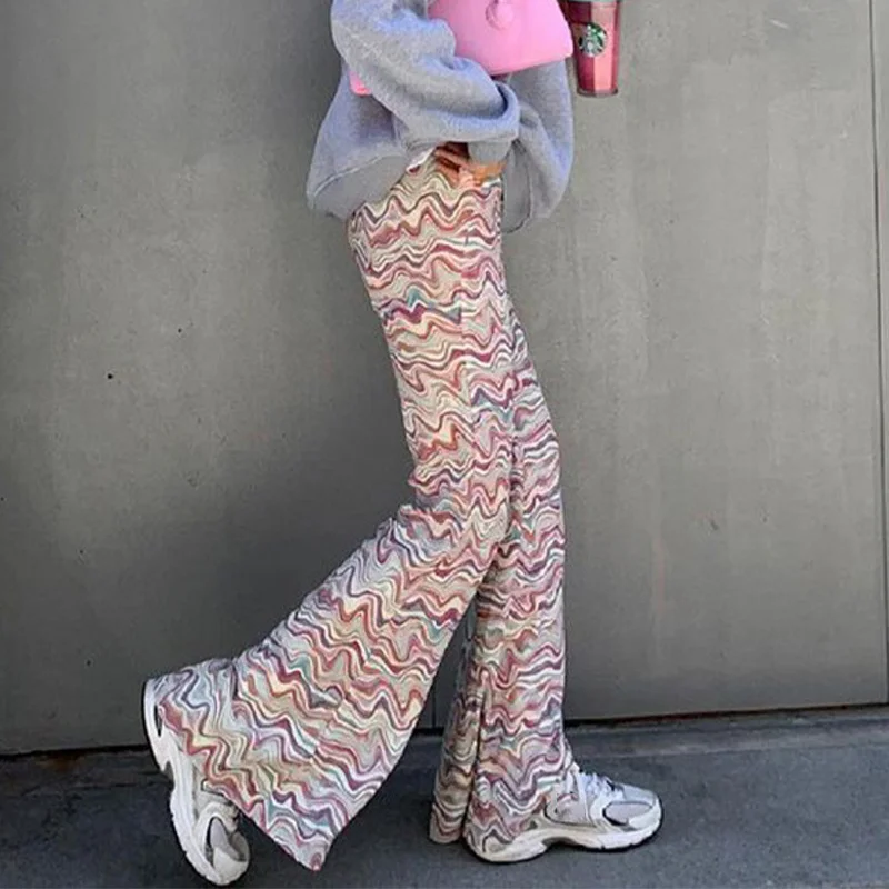 

2021 Summer Y2K Tie Dye Print Long Pants Women Casual Wide Leg Fashion Loose High Waist Vintage Trousers Purple High Waist