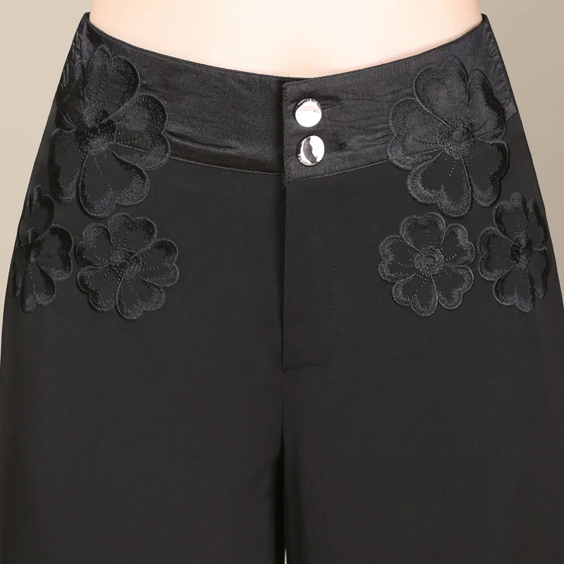 Плюс размер высокая талия широкие брюки женские темперамент вышивка свободный