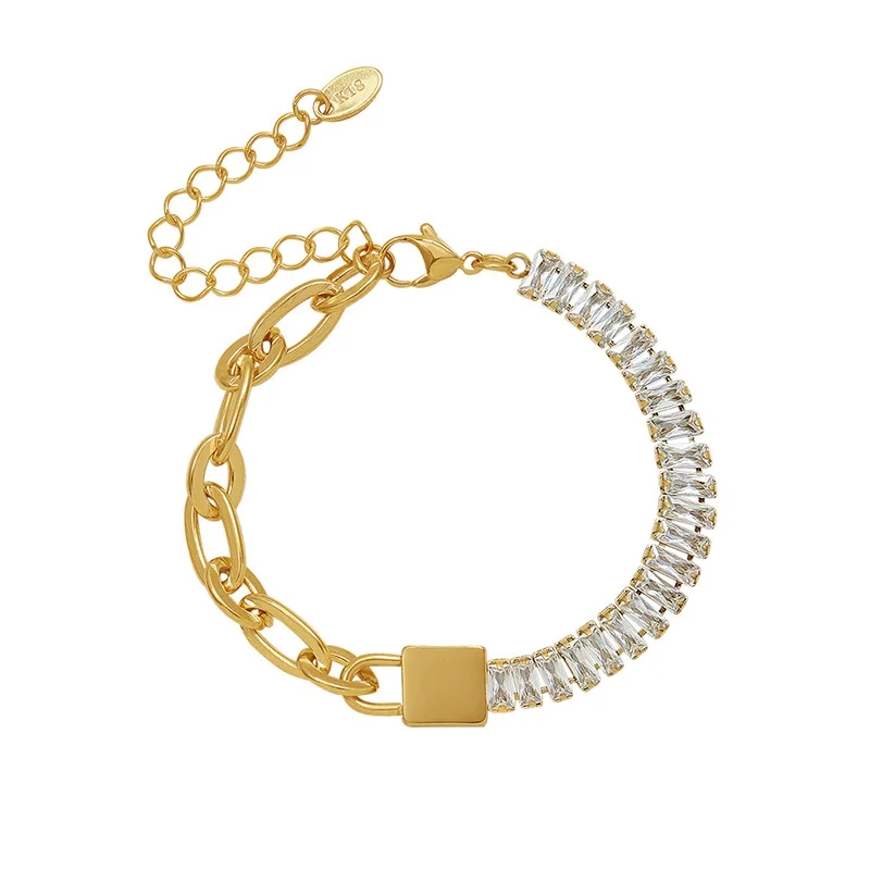 

Europe and the United States Ins Contracted Cold Wind Locks Zircon Splicing Bracelet with 18 Gold Plated Titanium Steel Checking