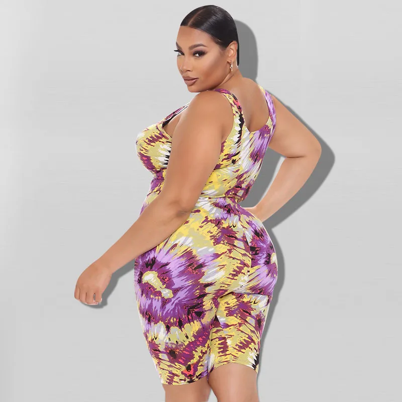 

Street Style Plus Size Women's Clothing Fashion Sexy Casual Sleeveless U Neck Backless Tie Dye Slim Fit Shorts Two Piece Set