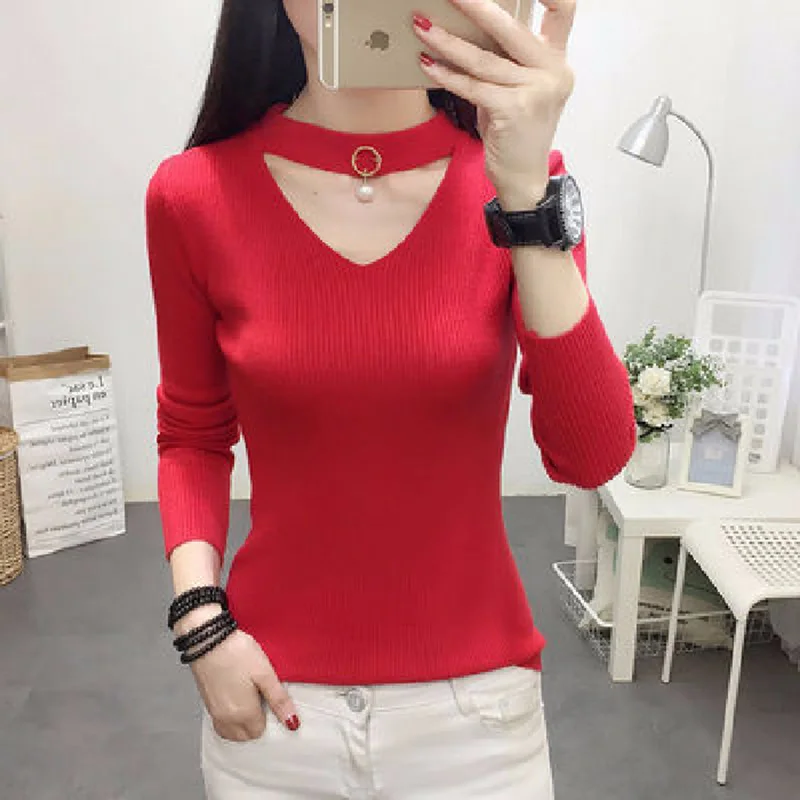 

NEW Women's Knitwear Pullover Knitted Beaded Sweater Full Sleeve Sexy v Neck Solid Top Sueter NEW Autumn Winter Pull Femme