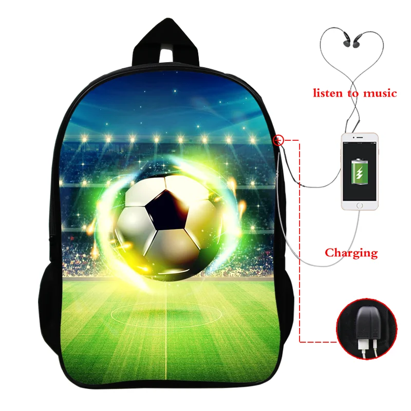 

16 Inch Laptop Backpack USB Charge Men Football Backpack for Teenager Boys School Bag Mochila Travel Bag Children Back To School