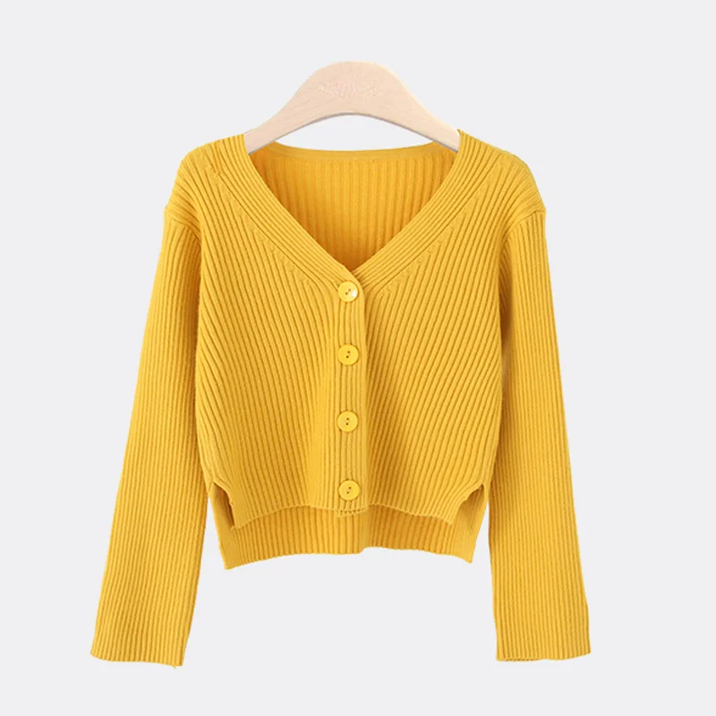 

2021 Spring New V-neck Sweaters Women Casual Long Sleeve Knitted Cardigans Women Fashion Yellow Short Sweaters Coats 7 Colors