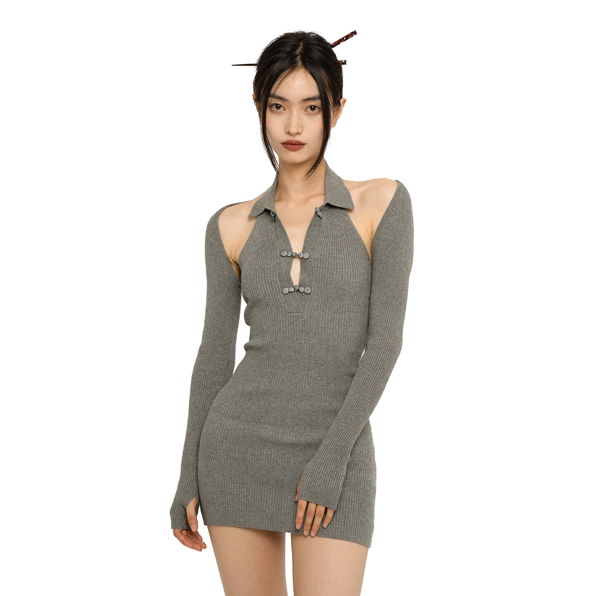 

Woman 2 Pcs Chinese Style Ruched Mini Knitted Dress