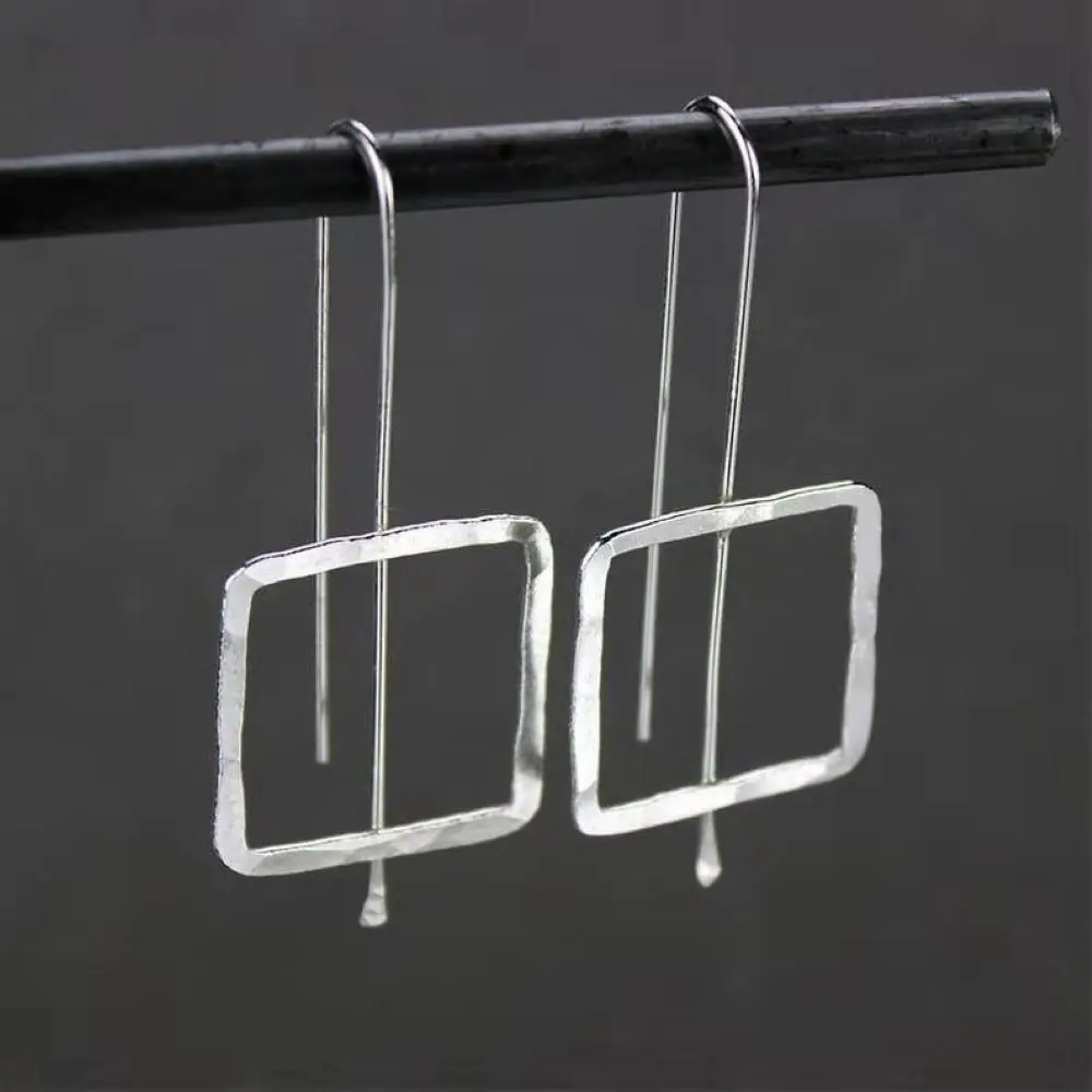 

Women's Hammered Square Silver Color Earrings,Threaded Earrings,Geometric Earrings,Minimalist Jewelry, Teen Girls Simple Jewelry
