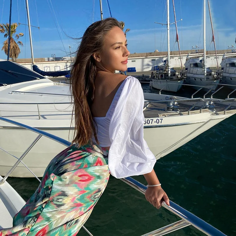 

Summer Women's New Long Sleeve Square Neck Strap Cardigan Open Navel Slim Fit Versatile T-Shirt Solid Short Top