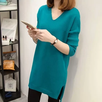 Peacock blue Большой размер 4XL, Модный женский пуловер, платье-свитер, Осень-зима, Свободный вязаный длинный свитер с v-образным вырезом, однотонный Повседневный Женский пуловер - Цвет: Peacock blue