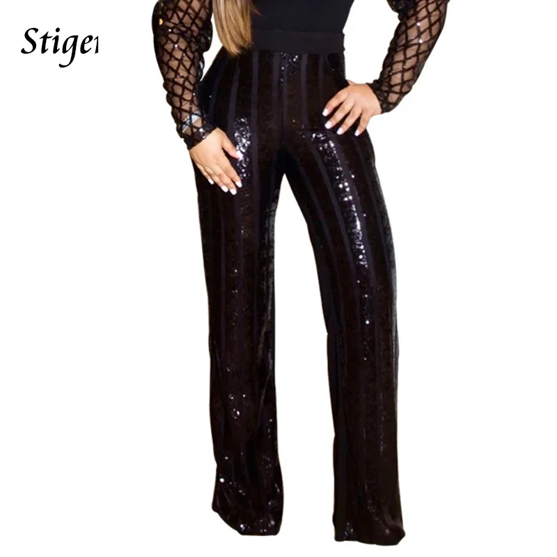 Модные черные брюки с пайетками женские элегантные широкие Клубные Вечерние