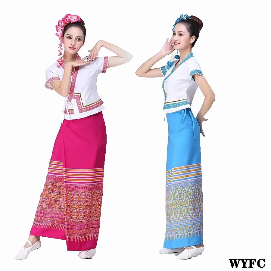 Çin milliyet dans Dai insanlar Wrap elbise kısa kollu tavuskuşu kadın giyim özelliği kız sevinç festivali yarım etek seti