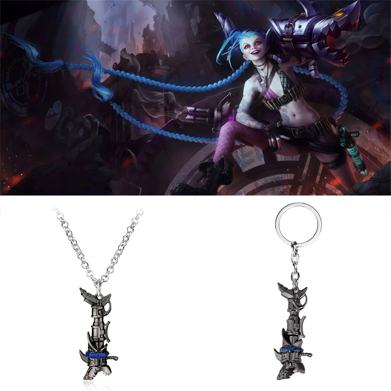 

Game League Of Legends Role Runaway Loli Jinx Weapon Keychain LOL Shark Gun Pendant Keyring Chaveiro Key Ring Gift For Friends