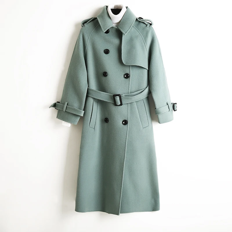 ALKMENE winter new double-faced cashmere coat women's long coat double-breasted woolen coat female cashmere coat - Цвет: Мятный