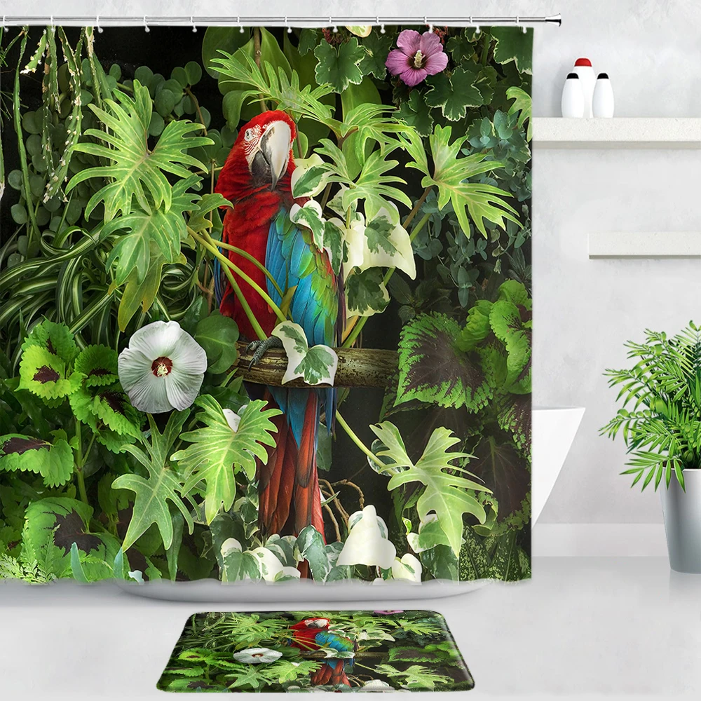 

Waterproof Shower Curtains Beach Tropical Plants Palm Trees Ocean Scenery Parrot Bath Mats Set Bathroom Non-slip Carpet Door Pad
