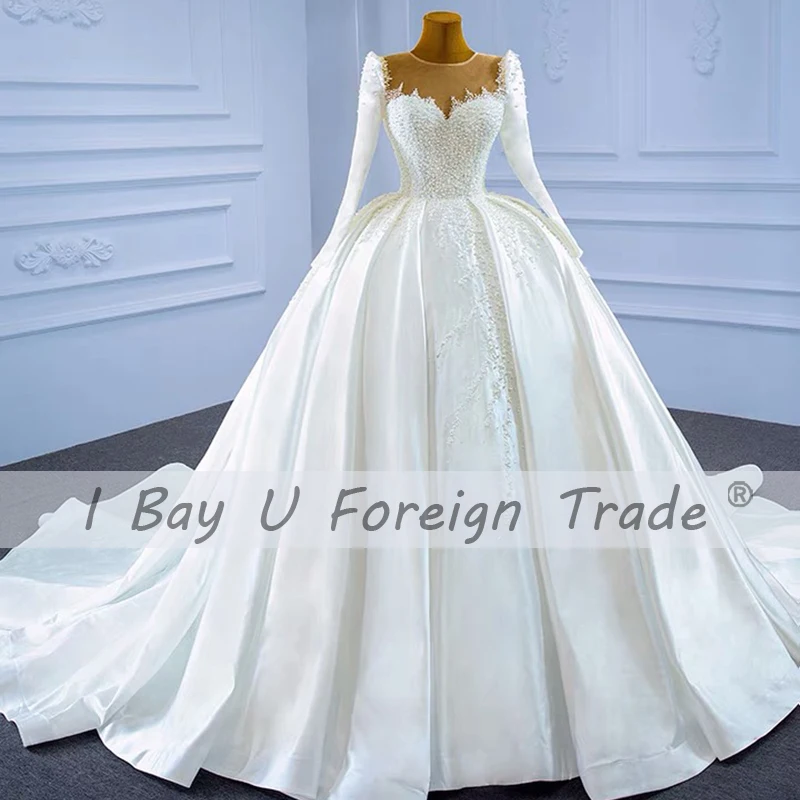 100% Real Photo Vintage Pearl Wedding Dress 2021 Casamento Long Sleeve Beading Lace Bridal Gowns Lace Up
