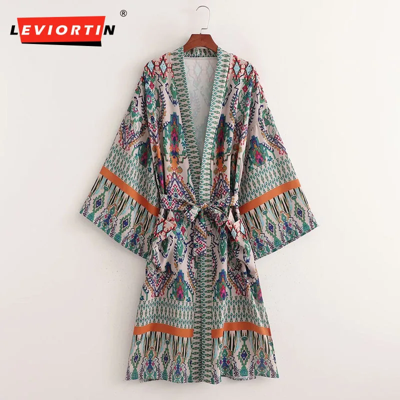 

LEVIORTIN Women Vintage Position Totem Court Print Loose Long Kimono Coat Female Sashes Open Stitch Split Retro Jacket Tops