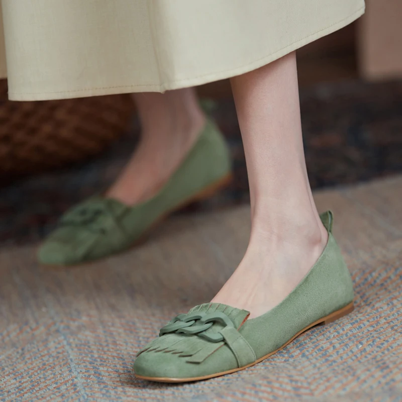 

Women Genuine Leather Fringe Flats Suede Chunky High Heel Shoes Chain Decor Elegant 2021 Spring Autumn New Casual Shoes Loafers